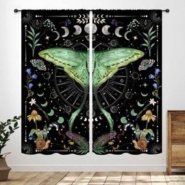 Cortinas bohemias de polilla, flores de primavera y verano, estilo gótico, para ventana de fase lunar, para recámara, sala de estar, cafetería, cocina, cortinas de 2 paneles, 42 x 45 pulgadas