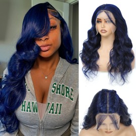Syrenlore Dark Blue Colored 13x6 Lace Front Wigs Human Hair Body Wave 200 Density 24 Inch Long 13x6 Ear to Ear Pre Plucked Bleached Knots Lace Frontal Wig 12A Brazilian 100% Human Hair Wigs for Women