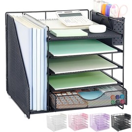 Organizador de escritorio con cajón y soporte para bolígrafos, organizador de bandeja para cartas de papel de 5 niveles con soporte para archivos, ade
