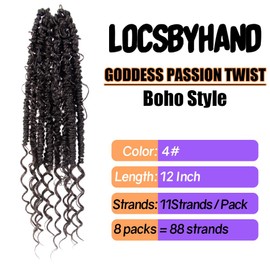 Boho Crochet Passion Twist Hair Pre looped, 12 Inch Goddess Passion Twist Crochet Hair with Curly Ends 8 Packs Brown Pre-twisted Bohemian Crochet Braids (8 PCS/88 STRANDS, 4#)