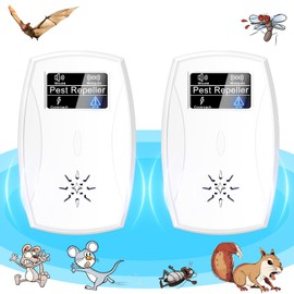 2 Pcs Ultrasonic Pest Repeller Indoor with LCD,Plug in Rodent Repeller Ultrasound Repellent for Roach Rodent Mouse Bugs Mosquito Mice Spider, Electronic Repeller Indoor Pest Control (White)