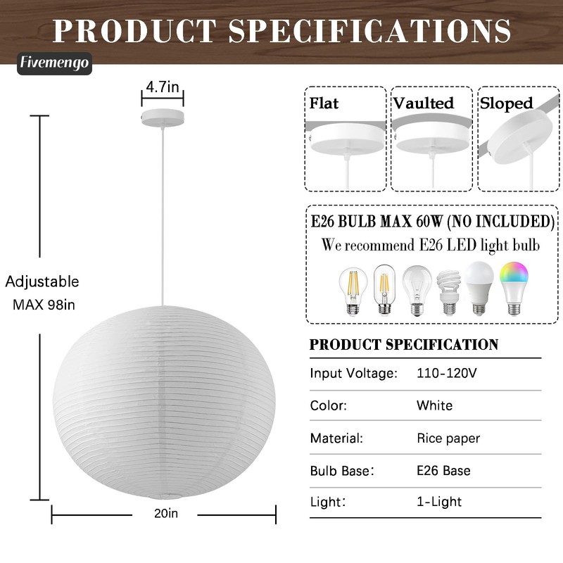 Fivemengo Large Rice Paper Pendant Light Kit, 20in White Globe