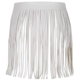 TACKTIMES Women PU Leather Solid Tassel Skirt Stage Performance Costume High Waist Hippie Boho Jazz Dance Dress Dancewear (White, OneSize)