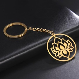 kkjoy Lotus Charms Keyring Stainless Steel Lotus Flower Yoga Symbol Buddhism Unalome Key Ring Purse Bag Accessories Gifts for Women Girls, A - Gold