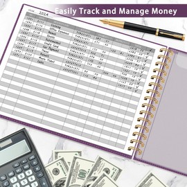 HAUTOCO Hardcover Accounting Ledger Book for Small Business Bookkeeping Horizontal Money Expense Tracker Notebook with 2 Storage Pouch, Personal Columnar Log Journal 10.78 x 8'', Deep Purple