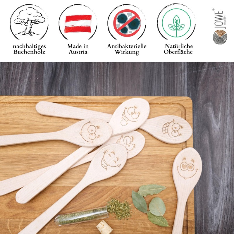 JOWE Wooden Cooking Spoons Set of 6 Beech Kitchen Utensils