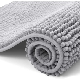 OLANLY Chenille Bath Mat, 40 x 60 cm, Extra Soft Non Slip Bathroom Mat, Super Absorbent Fluffy Bath Mats for Bathroom Floor, Machine-Washable Dry Bath Rug Foot Mat, Grey