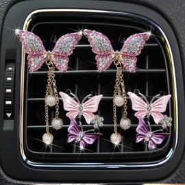 4 Pcs Pink Bling Butterfly Car Air Fresheners Vent Clips Diffuser Vent Clip Rhinestone Diamond Decoration Car Interior Decor Cute Accessories for Women, Automotive Air Fresheners（2 styles）