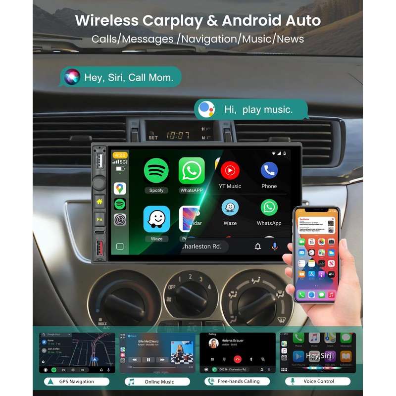 Single Din Car Stereo with Wireless Carplay Android Auto, 7