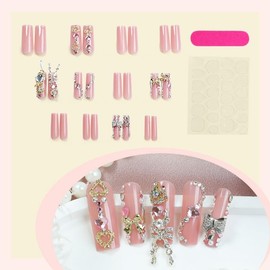 QQPPOLIU Press on Nails for Women,Square Nail Press Ons Pink Fake Nails with Jewel Design False Nails Long Glue on Nails Rhinestones Stick on Acrylic Nails Press Ons 24pcs Kit