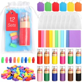 Skyygemm 12 Set Mini Colored Pencils with Sharpeners Christmas Party Favors Bulk Inspirational Rainbow Pencil Easter Gifts Mini Notebooks Erasers Cards and Clear Gift Bag Back to School (Rainbow)