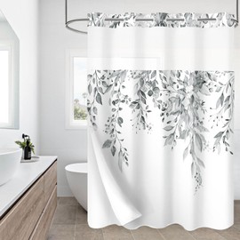 Gibelle No Hook Shower Curtain with Snap-in Fabric Liner Set for Bathroom, Hotel Style Grey Eucalyptus Leaves Shower Curtain with See Through Top Window, Waterproof & Washable, 72x74