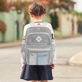 Mesh Bacpack Heavy Duty for School, Lightweight See Through College Backpack for Work Beach Sports (Grey)