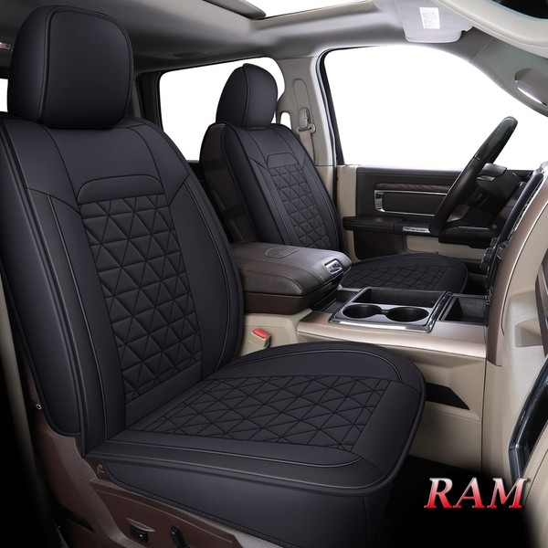 Coverado Car Seat Covers Full Set, Waterproof Dodge RAM Seat Cover Leather Protector Compatible with 2002-2023 RAM 1500 2500 3500 Truck Pickup Crew Quad Cab with Curved Bench, Black
