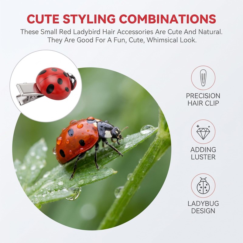 24Pcs Red Ladybug Hair Clips, Fun Mini Animal Bug Hair