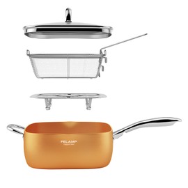 FELAMP 11-Inch Ceramic Nonstick Deep Square Frying Pan Set with Glass Lid, Stainless Steel Fry Basket & Steamer Rack, Induction Compatible, Oven &Dishwasher Safe, 4-Piece Copper Pan Chef Cookware Set