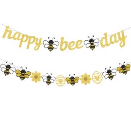 Bee Birthday Party Decorations,Glitter Gold Happy Bee Day Banner with Bumblebee Daisy Banner,Bumblebee Themed Party Decor Supoplies