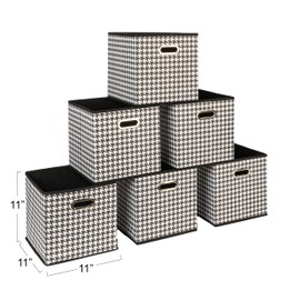 Household Essentials Fabric Storage Cube Bins, 6 Piece Set, Strong Poly-Woven Fabric, Chipboard Sides, Grommet Front Handle, Stackable and Foldable, Classic Design, Black and White Houndstooth