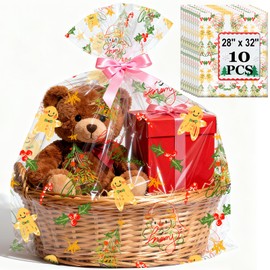 SYOGUA 10 PCS Clear Christmas Cellophane Bags, 28'' x 32'' Large Gift Baskets Bags, Clear Cellophane Wrap Plastic Storage Bags for Christmas Gifts, Baskets, Boxes, Favors, 2.5 Mil Thick