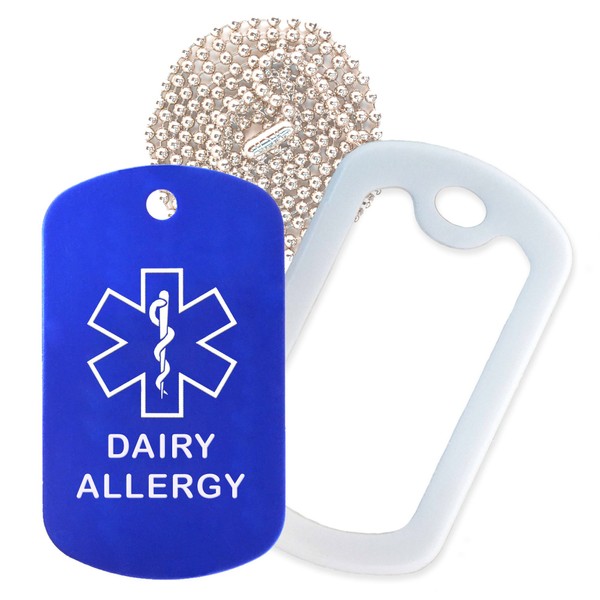 Dairy Allergy Medical Alert ID Necklace with Blue Tag, White Silencer, and 30'' USA Chain - 154 Color Choices