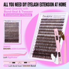 Pawotence Lash Extension Kit DIY 280pcs Brown Lash Clusters Eyelash Extension Kit 40D 9-16mm Individual Lashes Kit with Lash Bond and Seal Lash Tweezers for Self Use (Brown 40D, 9-16mm, Kit)