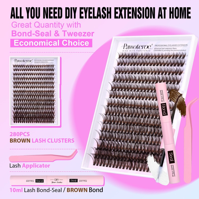 Pawotence Lash Extension Kit DIY 280pcs Brown Lash Clusters Eyelash