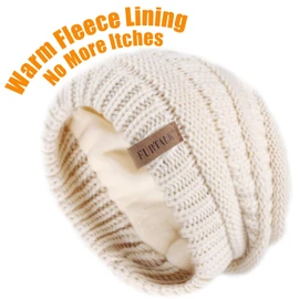 FURTALK Knit Beanie Hat for Ladies Fleece Line Ski Skull Cap Slouchy Winter Hats for Women Beige