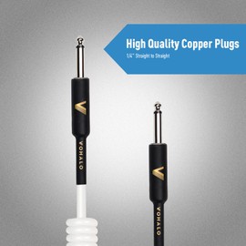 VOHALO Coiled Guitar Cable 36feet/11m Coiled Instrument Cable for Guitar Bass 1/4 Straight Angle to Straight, White