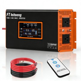 FT Feiteeng Power Inverter, 1200W Pure Sine Wave Inverter, 12V to 110V Car Inverter with Type-C Port Dual AC Power Outlets 3 USB Ports LCD Display Wireless Remote Control（ Peak 2400W）