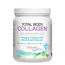 Total Body Collagen - Antiaging, Hydrated Skin, Muscle & Joint Recovery. 100% Complete Amino Acids with Hyaluronic Acid, Glutamine, and Biotin. Orange, 500g