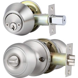 Brotima 1 Pack Keyed Alike Entry Door Knob and Deadbolt Set, Satin Nickel Double Cylinder Deadbolt Lock Set, Round Style Door Knobs Deadbolt for Exterior/Front Door