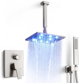 SKOWLL Ceiling Mount Shower Faucets Sets Complete, 10 Inch LED Rainfall Shower Head System, 2 Function Brushed Nickel Shower Faucet Set with Rough in Valve and Trim