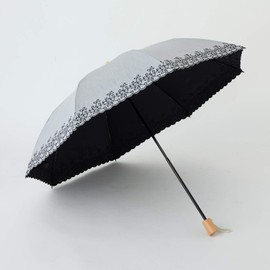 Parasol, UV Protection, 100% Light Blocking, Thermal Blocking, Folding Umbrella, For Both Sunny and Rainy Weather, Laminated Fabric, Cool Plus, Leaf embroidery chambray gray