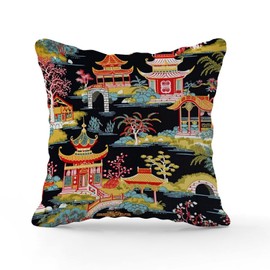 BRUYU5SE Chinoiserie Charcoal Coral Pagoda Asian Throw Pillow Covers Chinoiserie Chic Asian Throw Pillow Cover Retro Outdoor Waterproof Decorative Pillow Cover for Patio Furniture Porch 20x20 in