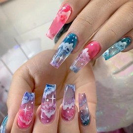 FIEONCIY Press on Nails Coffin Long Glossy Full Cover Acrylic Extra Long Square False Nails with Clouds Designs Artificial Ballerina Fake Nails with Charm Glue Stick on Fingernails for Women Girls
