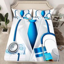 Doctor Gift Fitted Sheet Queen Size Kids Gifts Idea for Dentists Doctors Bedding Set for Boys Teens Nurse Gift Bed Sheet Set White Blue Bed Cover Room Decor