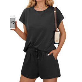 PINSPARK Two Piece Lounge Set for Women Summer 2025 Knitted Outfit Drawstring Shorts Sweatsuits Set for Casual Travel,Black Small