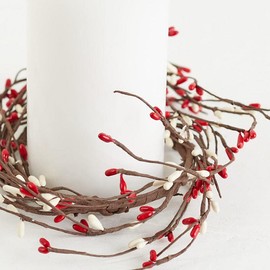 Artificial Red and Cream Pip Berry Candle Rings – Pack of 4 Christmas Rustic Berry Farmhouse Home Decor for Centerpiece Decorations and Small Wreaths (Size: 7" diam)