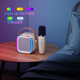 Karaoke Machine for Adults Kids, Portable Bluetooth Mini Karaoke Microphone Singing Speaker with 2 Wireless Mic and Light Toys (White)