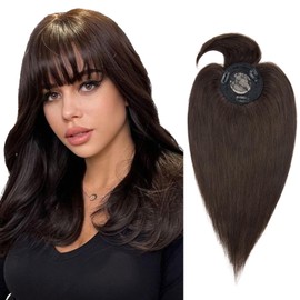 Silk-co Topper Extensions Real Hair Clip-In Extensions Real Hair Soft Natural Straight Toupee Hair Extension with Bangs (11 cm Long) 7A Remy Hair 45 cm - 45 g 02# Dark Brown
