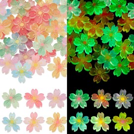 AHANDMAKER Pack of 60 Luminous Flower Cabochon Beads Made of Resin 6 Candy Colours Glow in the Dark Flowers Flat Back Beads for Crafts and Ornaments Scrapbooking and Jewellery