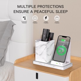 LADSTAG Multi-Functional Pencil Holder for Desk,marble Vegan Leather Organizers with Remote Control Holder,Pencil Holder Desk Organizer with Phone Wireless Charger for Office/Nightstand/Endtable