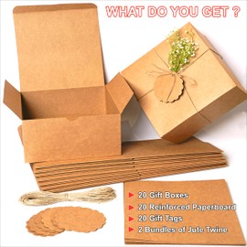 mudrit Kraft Gift Boxes 20 Pack 8x8x4 Inches, Thick Kraft Paper Boxes with Lids, Tags & Jute Rope for Gifts, Wedding Favours, Bridesmaid Proposals, Cupcakes, Crafting