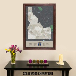 Push Pin Travel Maps Idaho - Earth Toned - Solid Wood Cherry Red Frame - 150 Pins Included - 27.5 inches x 39.5 inches