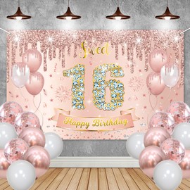 Sweet 16 Banner Rose Gold, Sweet 16 Party Decorations with 22Pcs Balloons, Sweet 16th Birthday Decorations for Girls, Sweet 16 Backdrop Photo Booth Props Decor for Sixteen Birthday Party, 5.9 x 3.6Ft