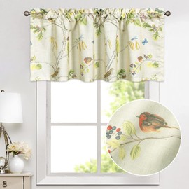VOGOL Farmhouse Valance, Rustic Light Filtering Rod Pocket Window Treatment, Birds Printed Country Valance Curtain for Kitchen, 52 x 14, 1 Panel, Green on Beige