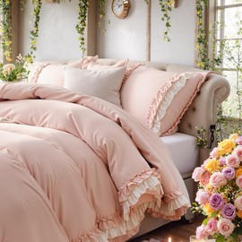 Merryword Pink Cotton Ruffled Duvet Cover Set Queen, Vintage Shabby Chic Farmhouse Bedding Set Coquette Aesthetic French Country Comforter Cover