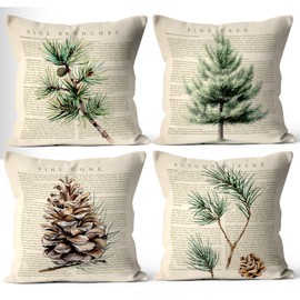 Fall Throw Pillow Covers Set of 4 - Autumn Pine Forest Pinecone & Evergreen Tree Decor, Vintage Cozy Thanksgiving Cushion Cases for Couch Indoor/Outdoor, Natural Brown Green Earth Tones