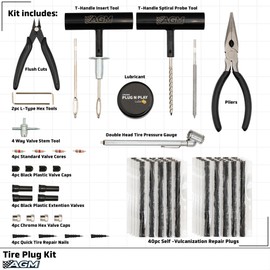 Heavy Duty Tire Plug Kit for Tubeless Tires – Flat Tire Repair Kit w/ T-Handle Tool, Valve Stem Tools, Repair Plugs, & More – Tire Fix Kit for Cars, Motorcycles, ATVs & More - Durable Flat Tire Kit