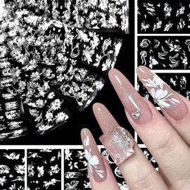 ROFIBUT Nail Foil Transfer Stickers Holographic White Floral Petal Leaves Nail Art Accessories Lace Rose Embossing Butterfly Starry Paper Foil Nail Art Decals for Women Manicure Decoration 10 Sheets